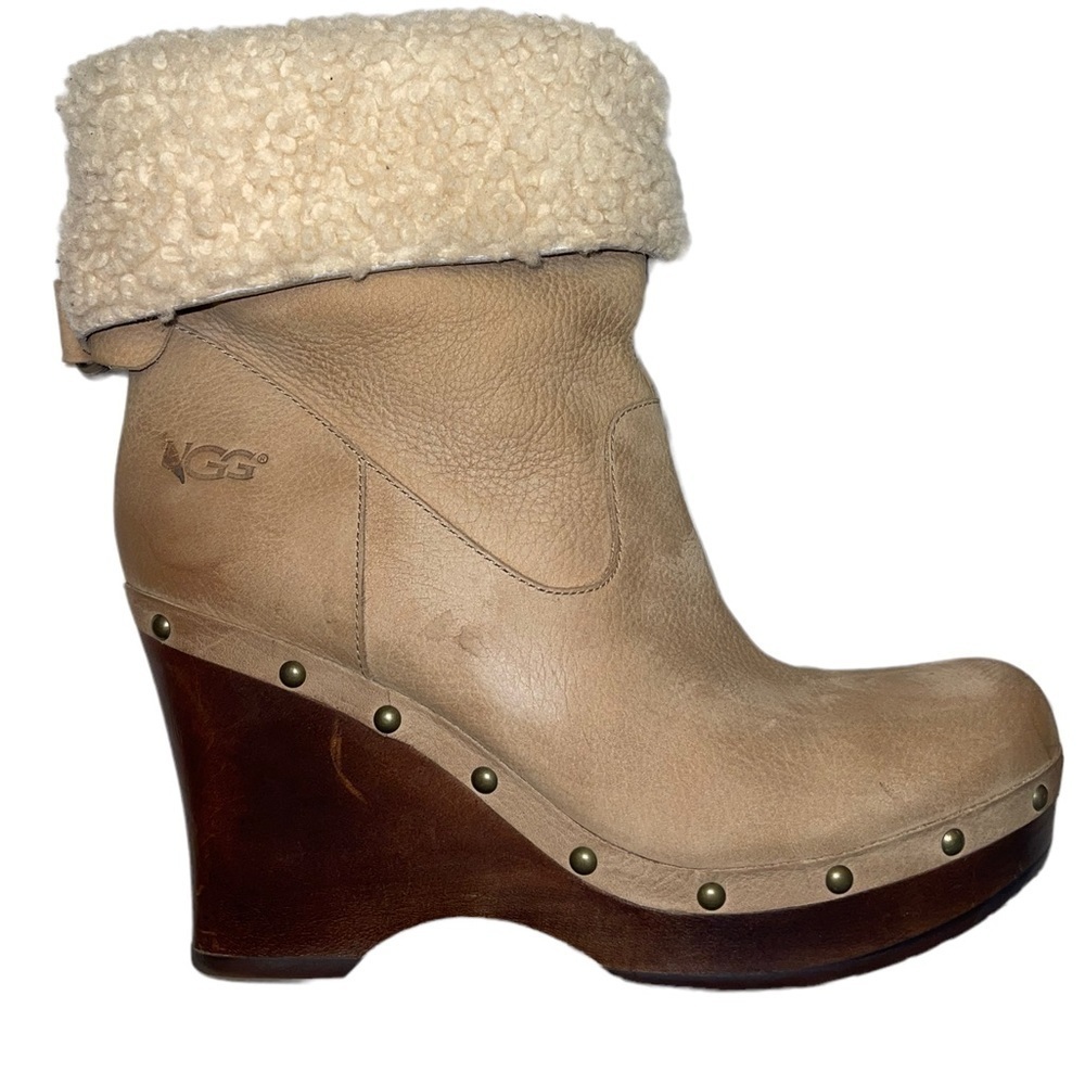Ugg Carnegie Beige Nubuck Shearling Lined Wedge Boots Size 10 GUC - Picture 12 of 15